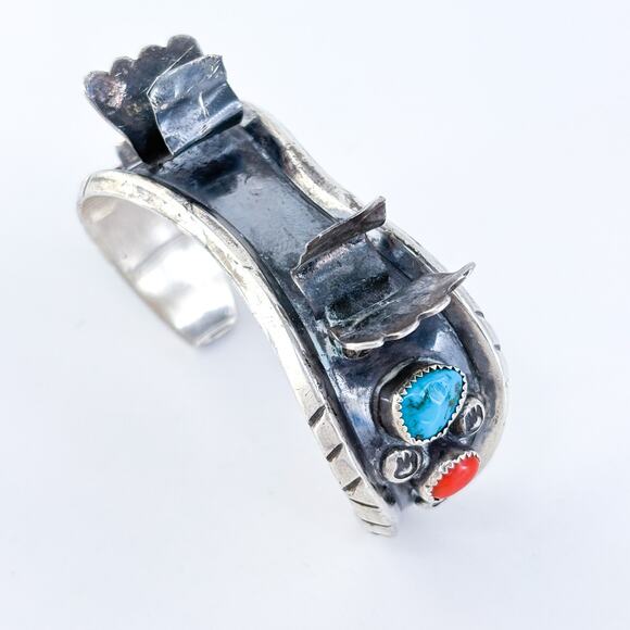 Vintage Milton Lasiloo Native Zuni Sterling Silver Turquoise Coral Watch Cuff 6" - Picture 7 of 12